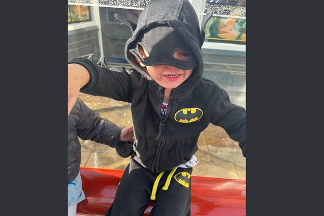 Not even heroes get to rest on Halloween. Clayton John Smith, age 4, as Batman.