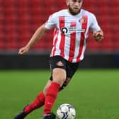 Patrick Almond in action during the Papa John's Trophy between Sunderland and Manchester United U21 at Stadium of Light on October 13, 2021 in Sunderland, England. (Photo by Stu Forster/Getty Images)