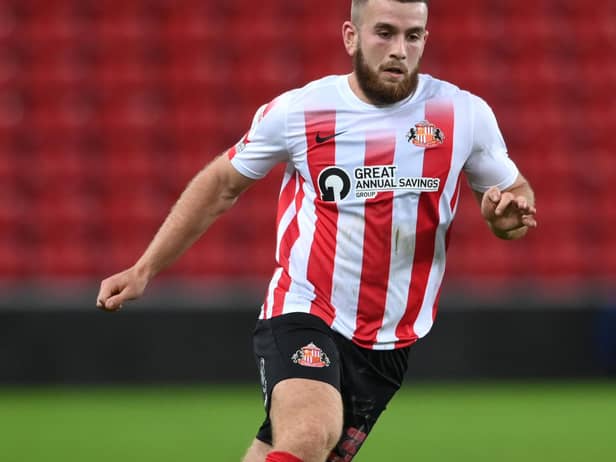 Patrick Almond in action during the Papa John's Trophy between Sunderland and Manchester United U21 at Stadium of Light on October 13, 2021 in Sunderland, England. (Photo by Stu Forster/Getty Images)