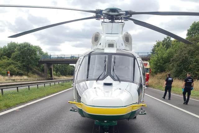 The air ambulance on the A1(M) in County Durham.