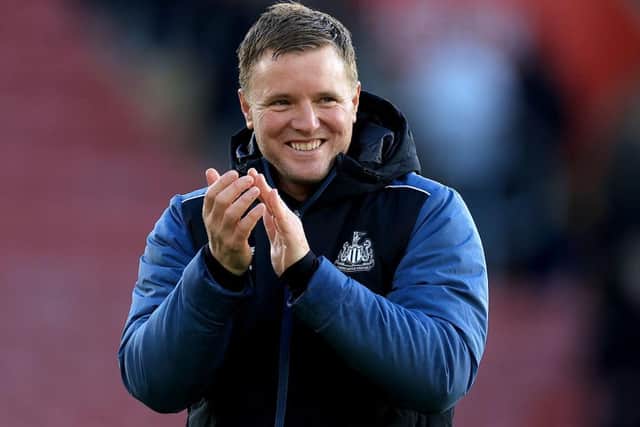 Eddie Howe the manager of Newcastle United celebrates in front of the Newcastle supporters after the Premier League match between Southampton FC and Newcastle United at Friends Provident St. Mary's Stadium on November 06, 2022 in Southampton, England. (Photo by David Cannon/Getty Images)