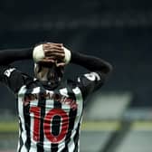 Allan Saint-Maximin of Newcastle United reacts after his goal is disallowed during the Premier League match between Newcastle United and Wolverhampton Wanderers at St. James Park on February 27, 2021 in Newcastle upon Tyne, England.