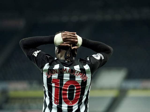 Allan Saint-Maximin of Newcastle United reacts after his goal is disallowed during the Premier League match between Newcastle United and Wolverhampton Wanderers at St. James Park on February 27, 2021 in Newcastle upon Tyne, England.