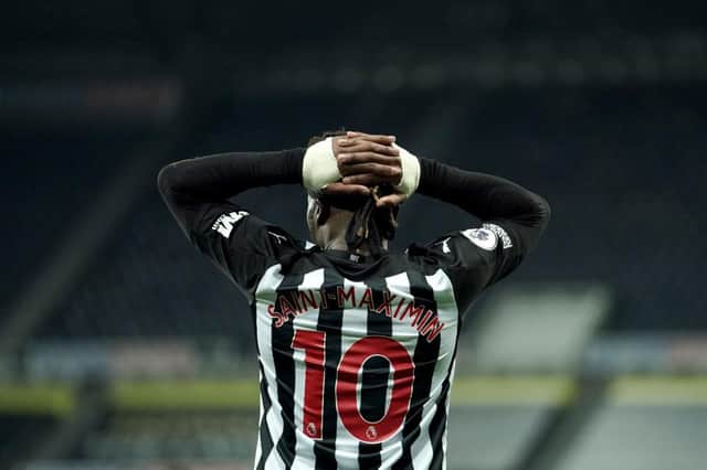 Allan Saint-Maximin of Newcastle United reacts after his goal is disallowed during the Premier League match between Newcastle United and Wolverhampton Wanderers at St. James Park on February 27, 2021 in Newcastle upon Tyne, England.