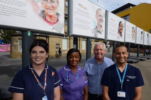 Sir Brendan Foster with local NHS heroes (from left) Charge Nurse Jade Trewick, from the RVI Newcastle; Community Nurse Dorathy Oparaeche from Northumbria Healthcare, and Dr Mickey Jachuck, Consultant Cardiologist from South Tyneside District Hospital