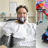 Colin pictured in hospital during his health scare and the dress he will be wearing for the fundraiser.