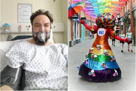Colin pictured in hospital during his health scare and the dress he will be wearing for the fundraiser.
