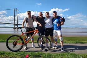 The four lads at Humber Bridge during the challenge