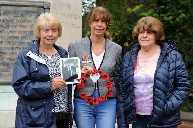 Sisters, left to right, Ann Elstob, Patricia Coleman and Kathleen Rowe, marked VJ Day by laying a wreath in memory of their father Clive Olley at Westoe war memorial.