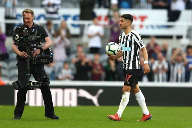 Ayoze Perez of Newcastle United leaves the pitch with the match ball following his hat-trick during the Premier League match between Newcastle United and Southampton FC at St. James Park on April 20, 2019 in Newcastle upon Tyne, United Kingdom. (Photo by Matthew Lewis/Getty Images)