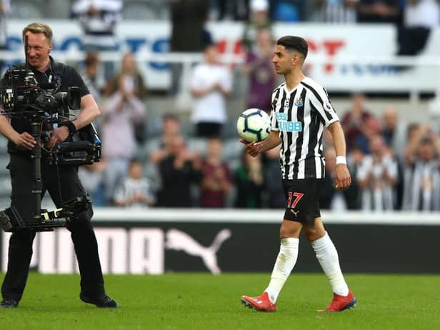 Ayoze Perez of Newcastle United leaves the pitch with the match ball following his hat-trick during the Premier League match between Newcastle United and Southampton FC at St. James Park on April 20, 2019 in Newcastle upon Tyne, United Kingdom. (Photo by Matthew Lewis/Getty Images)