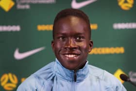 Garang Kuol at a press conference last week following his Australia call-up.