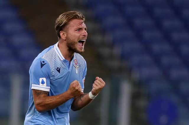 ROME, ITALY - JULY 29:  Ciro Immobile of SS Lazio celebrates after scoring the team's second goal during the Serie A match between SS Lazio and Brescia Calcio at Stadio Olimpico on July 29, 2020 in Rome, Italy.  (Photo by Paolo Bruno/Getty Images)