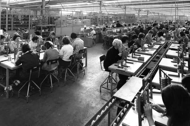 The Plessey 5005 Crossbar telephone exchange equipment being assembled at the Company's new £1/2 million factory at South Shields in 1969.