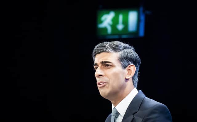 Prime Minister Rishi Sunak delivers his keynote speech at the Conservative Party annual conference in Manchester. Photo by Danny Lawson/PA Wire