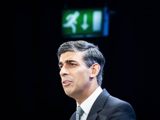 Prime Minister Rishi Sunak delivers his keynote speech at the Conservative Party annual conference in Manchester. Photo by Danny Lawson/PA Wire