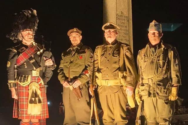 Marchers at the Seaham Tommy: (left to right) Pipe Major, Ian McCall; Wayne Crawford (friend); Trevor Gray; Kevin Merrett