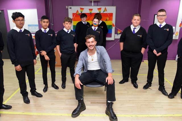 Actor Michael Mather with students from Mortimer Community College during the LGBT Diversity event.