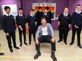 Actor Michael Mather with students from Mortimer Community College during the LGBT Diversity event.