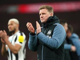Newcastle United head coach Eddie Howe applauds the fans after the Carabao Cup final.
