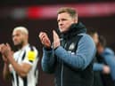 Newcastle United head coach Eddie Howe applauds the fans after the Carabao Cup final.