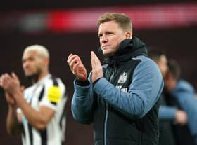 Newcastle United head coach Eddie Howe applauds the fans after the Carabao Cup final.