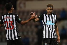 Joelinton celebrates scoring with Jacob Murphy.