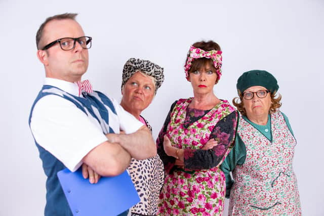 (l-r) Andrew Green,  Vicky Entwistle, Vicki Michelle and Leah Bell dressed ready for Dirty Dusting