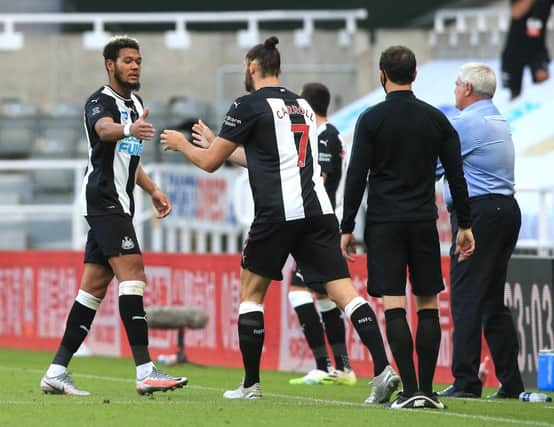 NEWCASTLE UPON TYNE, ENGLAND - JUNE 24: Andy Carroll of Newcastle United comes on for Joelinton of Newcastle United during the Premier League match between Newcastle United and Aston Villa at St. James Park on June 24, 2020 in Newcastle upon Tyne, United Kingdom. (Photo by Lindsey Parnaby/Pool via Getty Images)