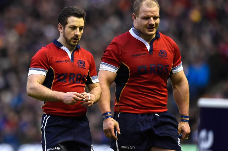 February 28, 2015: Scotland 19, Italy 22
Scotland captain Greig Laidlaw and Euan Murray looking dejected as they leave the field after being beaten by Italy at Murrayfield Stadium in Edinburgh (Photo by Stu Forster/Getty Images)