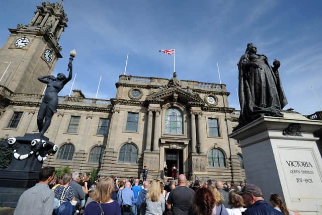 Crowds gather to hear the proclamation of King Charles III, on the steps of South Shields Town Hall.