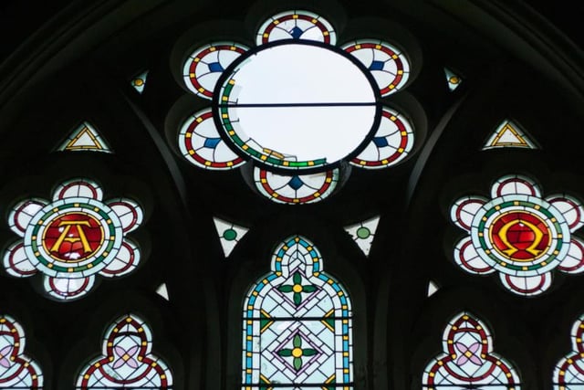 Despite some of it being shattered, much of the stained glass at the hospital's chapel remained.
