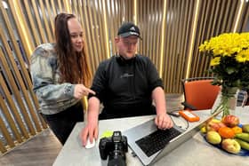 Katie Toner working with videographer Alan Noble at Lumo HQ in Newcastle