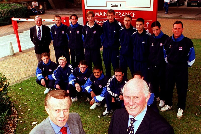 Pictured at  the Chesterfield College, where Chesterfield Football club apprentices in 1998 took up time at college along with their training at the club. Seen are the apprentices , with Director Bob Pepper, and Youth Coach Alan Young. at the frount are LtoR Dr David Lyons principal of the college, and Norton Lea  Chesterfield FC Chairman.