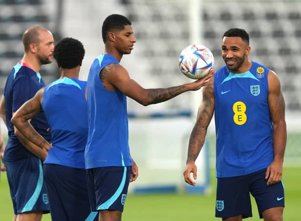 England's Marcus Rashford and Callum Wilson during a training session in Qatar last week.
