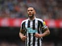 Jamaal Lascelles of Newcastle United looks on during the Premier League match between Manchester City and Newcastle United at Etihad Stadium on March 04, 2023 in Manchester, England. (Photo by Laurence Griffiths/Getty Images)