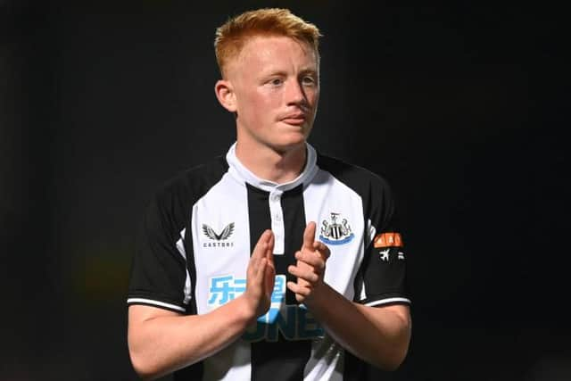 Matty Longstaff of Newcastle in action during the pre-season friendly between Burton Albion and Newcastle United at the Pirelli Stadium on July 30, 2021 in Burton-upon-Trent, England. (Photo by Michael Regan/Getty Images)