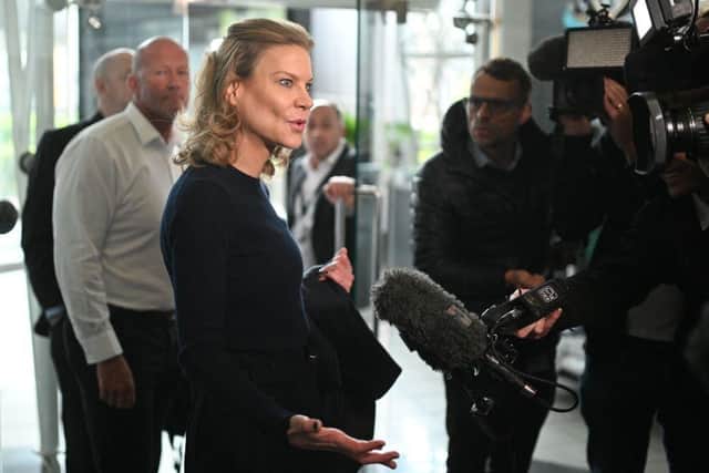 Newcastle United co-owner Amanda Staveley talks to the media following the 2021 takeover.