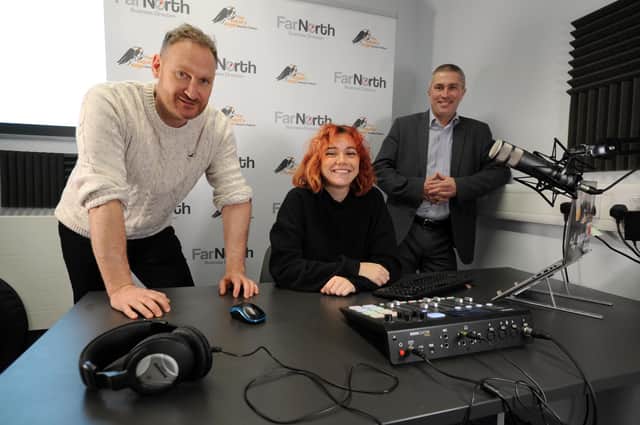 South Tyneside Council Cllr Mark Walsh with apprentice Mischa Steele and Far North's Ian Farrar, aat One Trinity Green, South Shields.