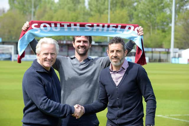 Julio Arca appointed the new manager of South Shields FC with club's chairman Geoff Thompson and assistant manager Tommy Miller.