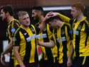 Hebburn players celebrate a goal.