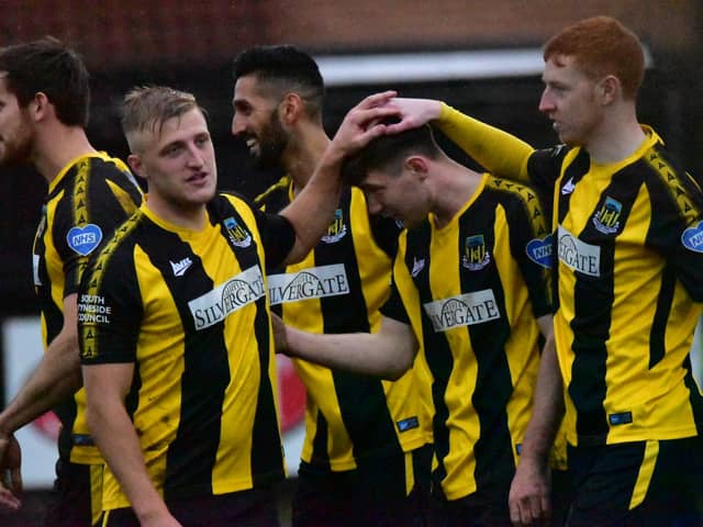 Hebburn players celebrate a goal.