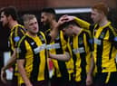 Hebburn players celebrate a goal.