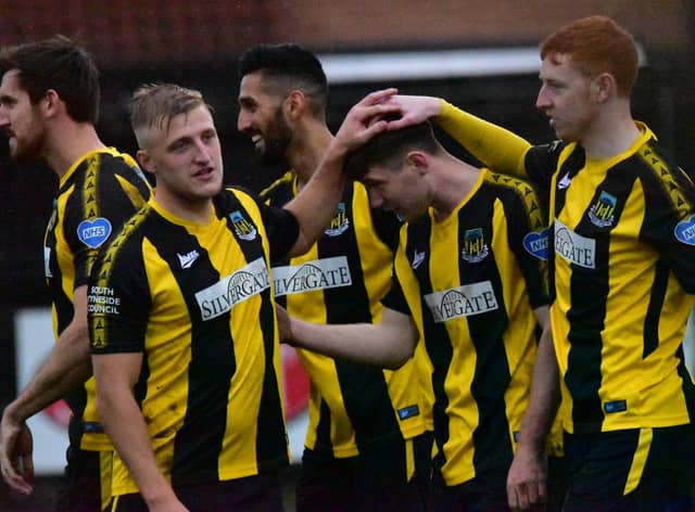 Hebburn players celebrate a goal.