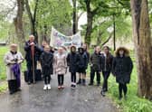 Revd Lesley Jones and Bishop Paul (left) alongside the Jarrow students.