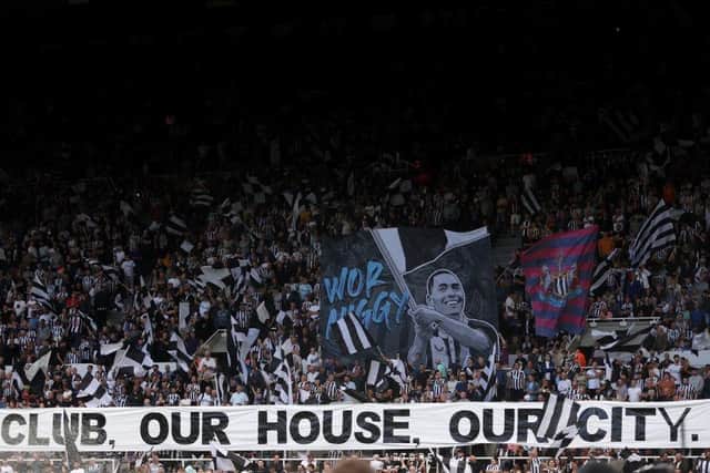 A general view of Banners and Flags held by fans of Newcastle United prior to kick off of the Premier League match between Newcastle United and Manchester City at St. James Park on August 21, 2022 in Newcastle upon Tyne, England. (Photo by Clive Brunskill/Getty Images)