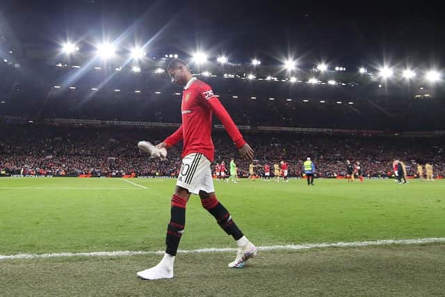 MANCHESTER, ENGLAND - FEBRUARY 23: Marcus Rashford of Manchester United walks off after the UEFA Europa League knockout round play-off leg two match between Manchester United and FC Barcelona at Old Trafford on February 23, 2023 in Manchester, England. (Photo by Matthew Peters/Manchester United via Getty Images)