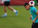 Newcastle United and Brazil midfielder Bruno Guimaraes takes part in a Brazil training session (Photo by MAURO PIMENTEL / AFP) (Photo by MAURO PIMENTEL/AFP via Getty Images)