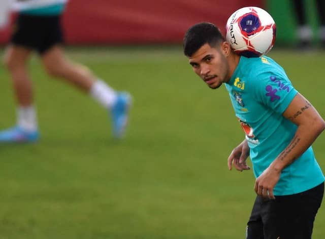 Newcastle United and Brazil midfielder Bruno Guimaraes takes part in a Brazil training session (Photo by MAURO PIMENTEL / AFP) (Photo by MAURO PIMENTEL/AFP via Getty Images)
