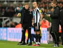 NEWCASTLE UPON TYNE, ENGLAND - DECEMBER 20: Newcastle United Manager, Eddie Howe gives Jonjo Shelvey instructions from the side lines during the Carabao Cup Fourth Round match between Newcastle United and AFC Bournemouth at St James' Park on December 20, 2022 in Newcastle upon Tyne, England. (Photo by Stu Forster/Getty Images)